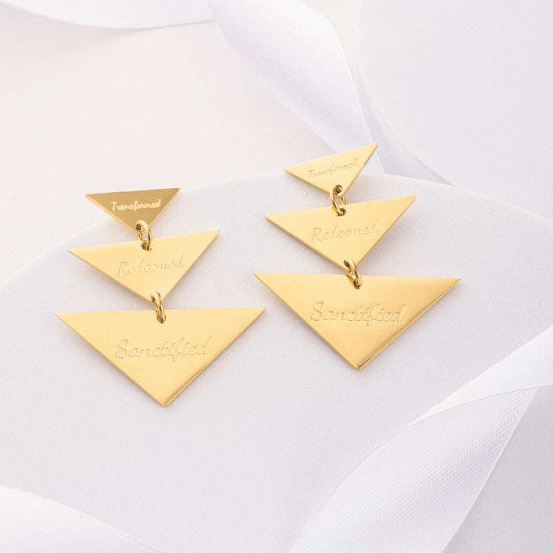 "Transformed, Redeemed, Sanctified" Triangle Earrings